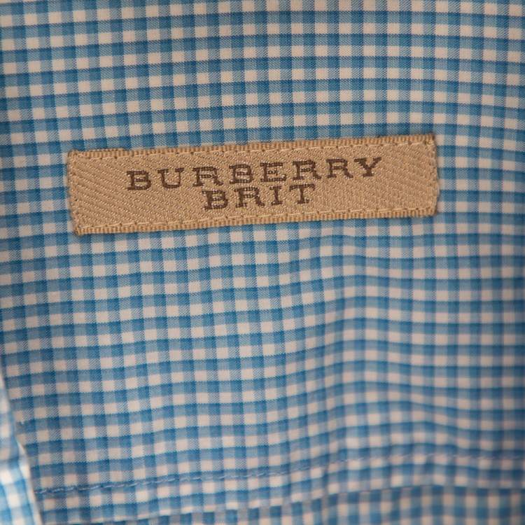 Pre Owned Burberry Brit Blue Micro Checked Cotton Button Down Shirt L