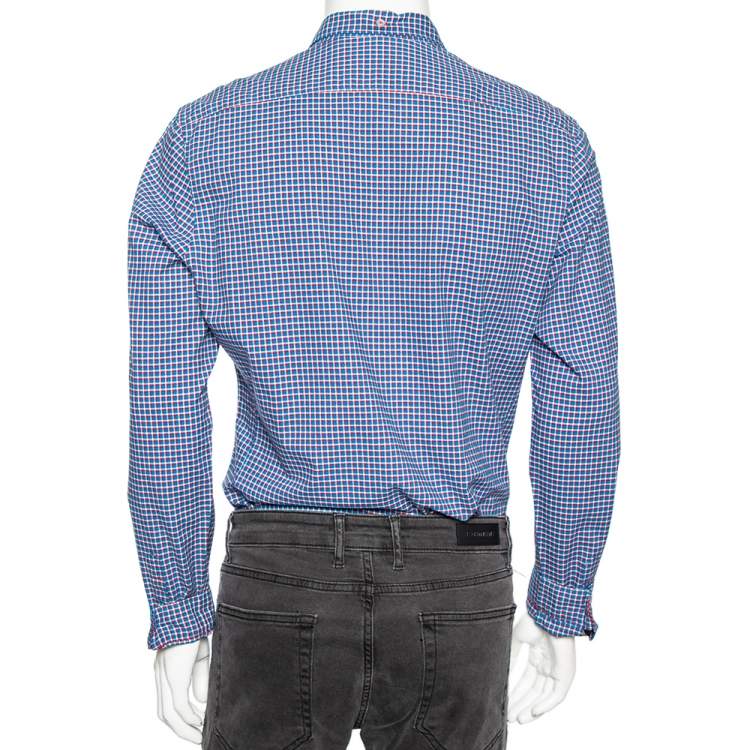 Pre Owned Burberry Brit Blue Checked Cotton Pocketed Button Down Shirt L