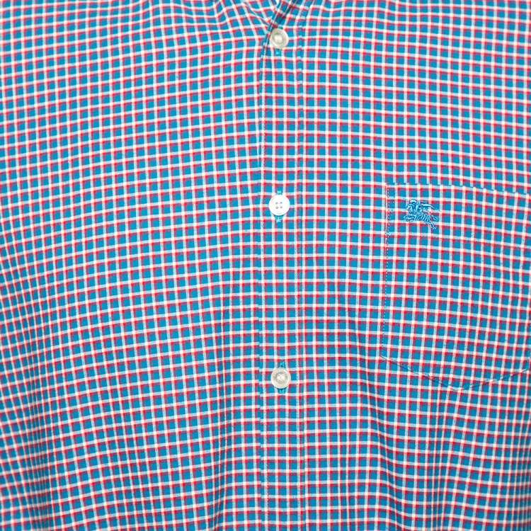 Pre Owned Burberry Brit Blue Checked Cotton Pocketed Button Down Shirt L