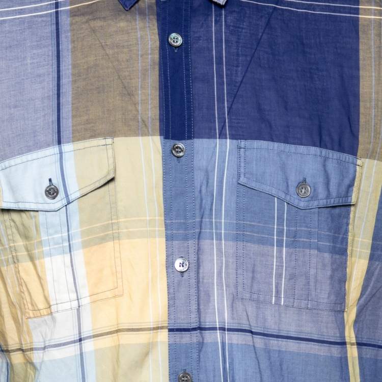 Pre Owned Burberry Brit Blue & Orange Checkered Cotton Button Front Shirt XL