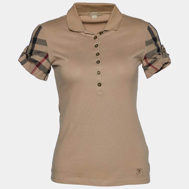 Pre Owned Burberry Brit Beige Cotton Pique Nova Check Sleeve T-Shirt XS