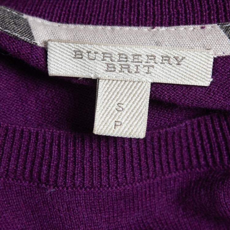 Pre Owned Burberry Brit Purple Knit Horseferry Check Shoulder Detail Crew Neck Sweatshirt S