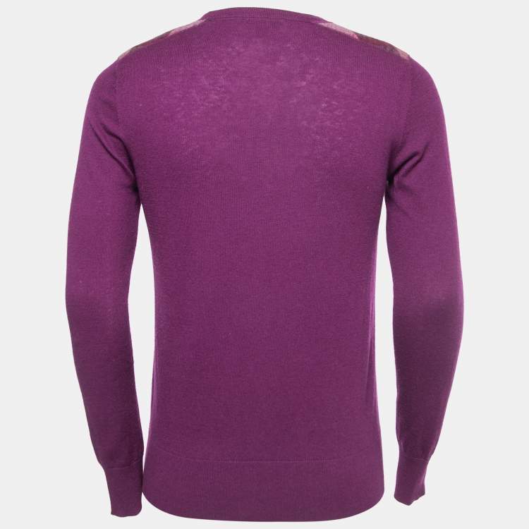 Pre Owned Burberry Brit Purple Knit Horseferry Check Shoulder Detail Crew Neck Sweatshirt S