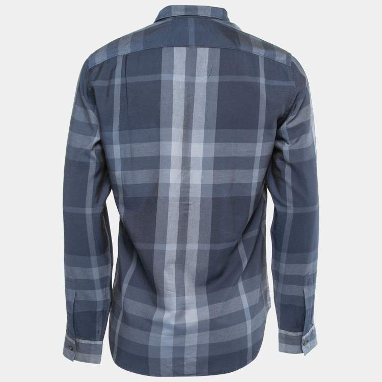 Pre Owned Burberry Brit Navy Blue Checkered Cotton Blend Button Front Shirt M