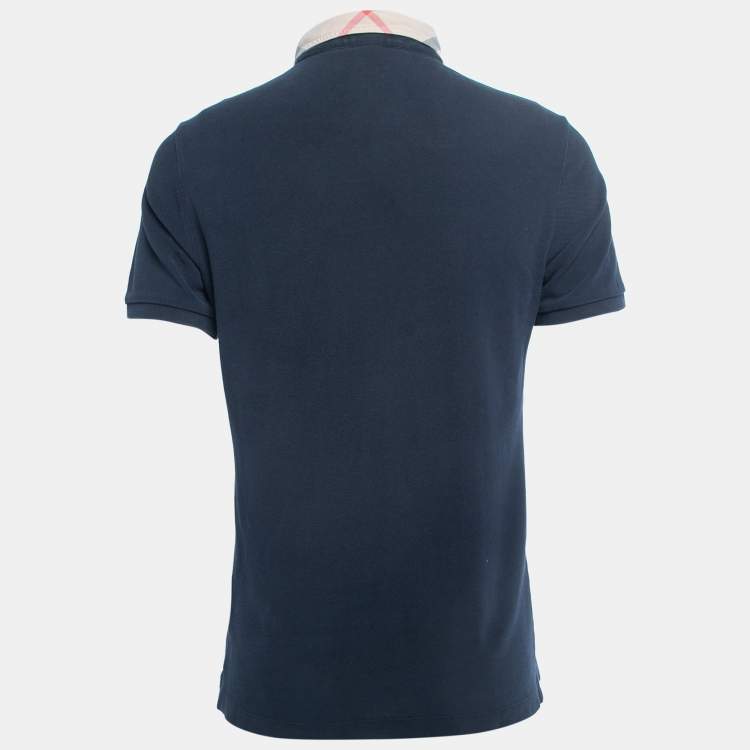 Pre Owned Burberry Brit Navy Blue Honeycomb Knit Novacheck Collar Detail Polo T-Shirt M