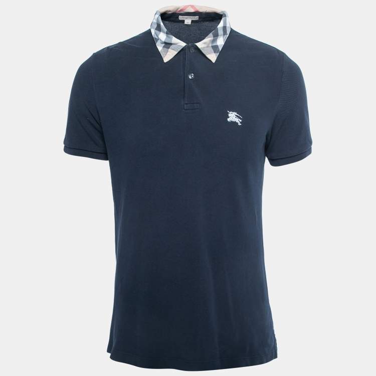 Pre Owned Burberry Brit Navy Blue Honeycomb Knit Novacheck Collar Detail Polo T-Shirt M