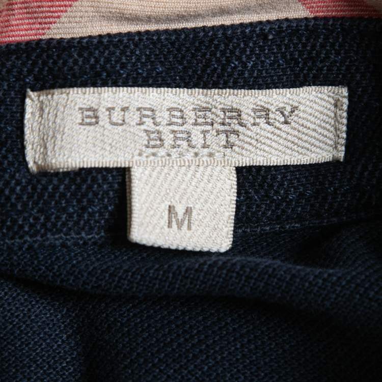Pre Owned Burberry Brit Navy Blue Honeycomb Knit Novacheck Collar Detail Polo T-Shirt M