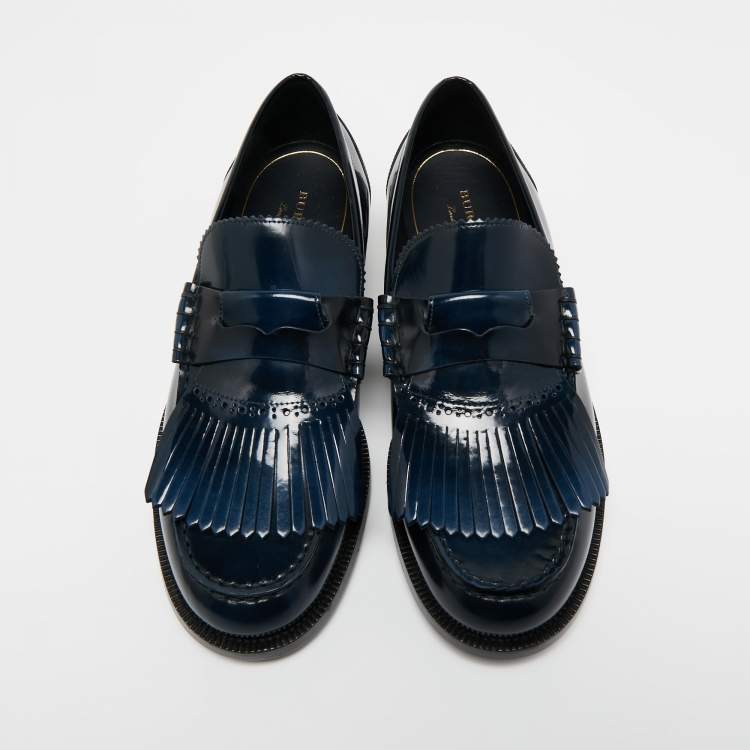 Pre Owned Burberry Blue Leather Fringe Penny Slip On Sneakers Size 45