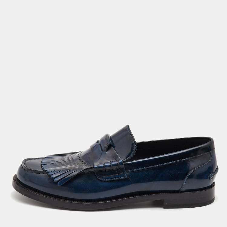 Pre Owned Burberry Navy Blue Leather Fringe Detail Penny Loafers Size 45