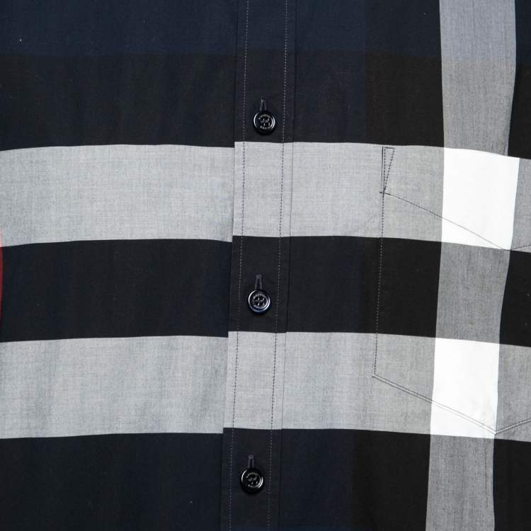 Pre Owned Burberry London Navy Blue Checked Cotton Button Front Short Sleeve Shirt XXL