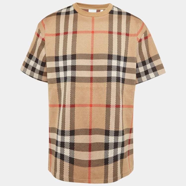 Burberry London Beige Checked Cotton Crew Neck T-Shirt L