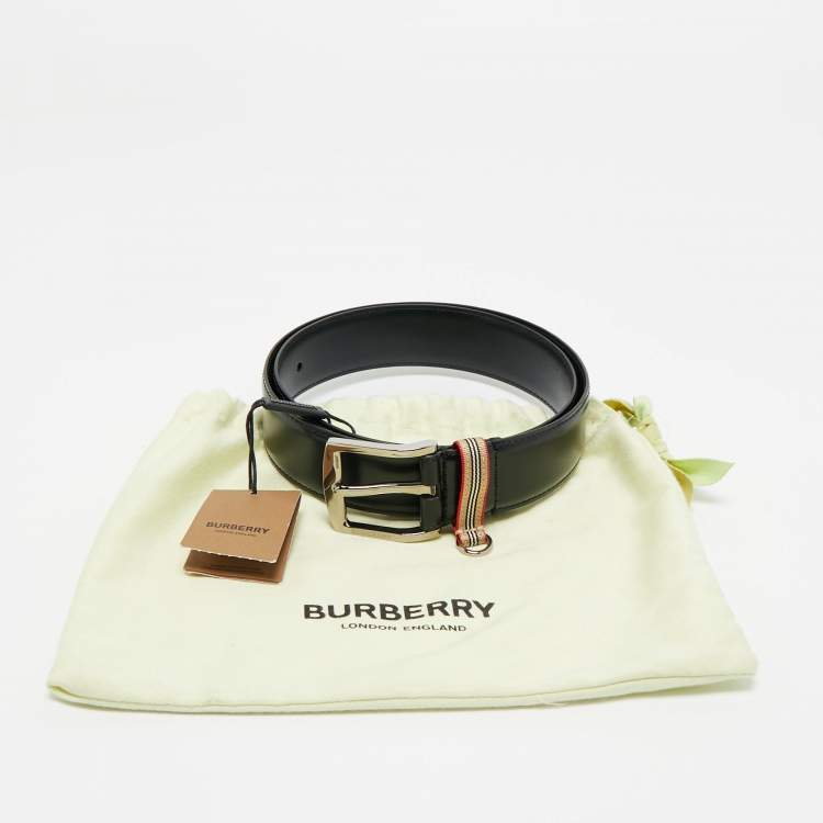 Pre Owned Burberry Black Leather Gray Buckle Belt 85CM