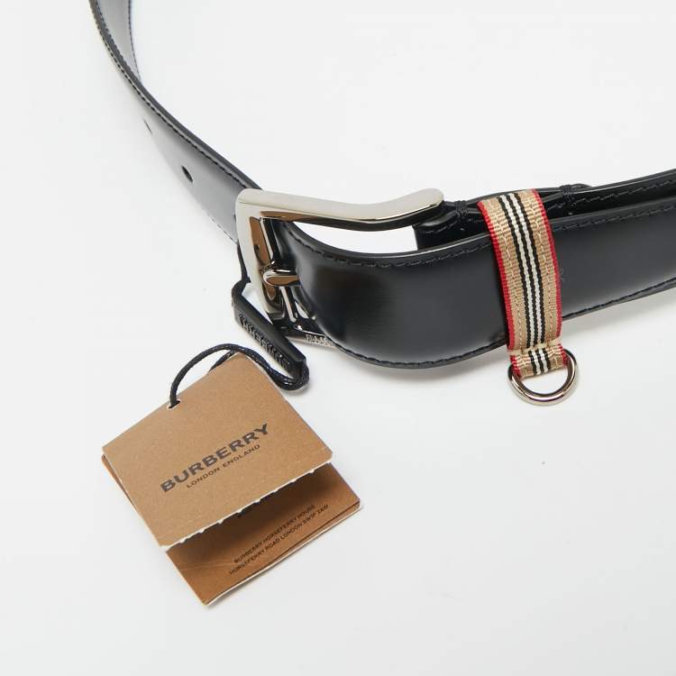 Pre Owned Burberry Black Leather Gray Buckle Belt 85CM
