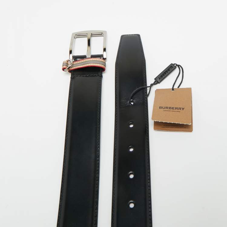 Pre Owned Burberry Black Leather Gray Buckle Belt 85CM
