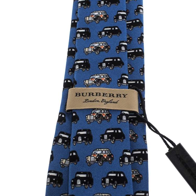 Pre Owned Burberry Hydrangea Blue Car Print Silk Stanfield Skinny Tie 