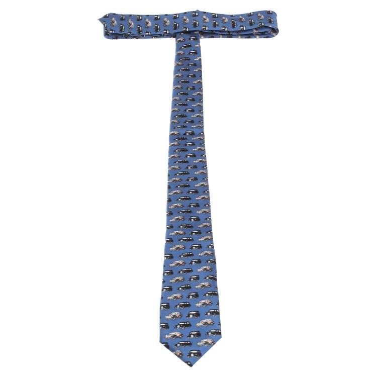 Pre Owned Burberry Hydrangea Blue Car Print Silk Stanfield Skinny Tie 