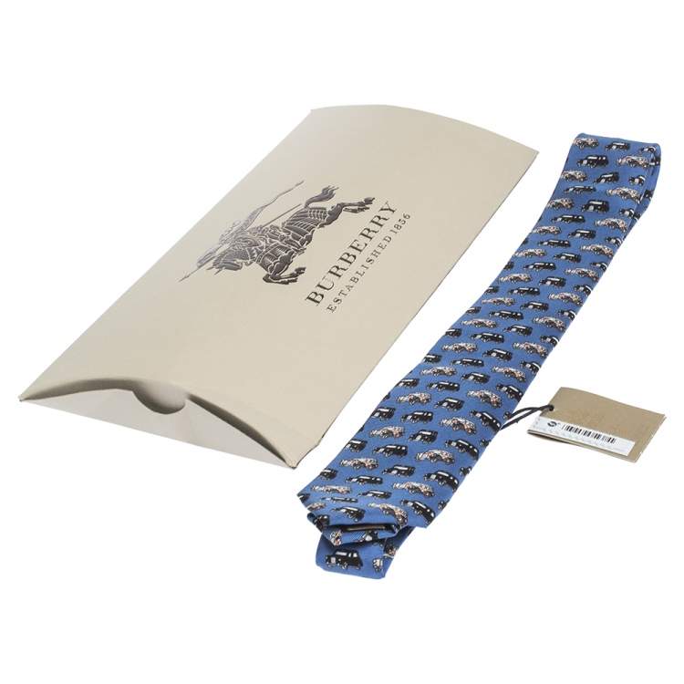 Pre Owned Burberry Hydrangea Blue Car Print Silk Stanfield Skinny Tie 