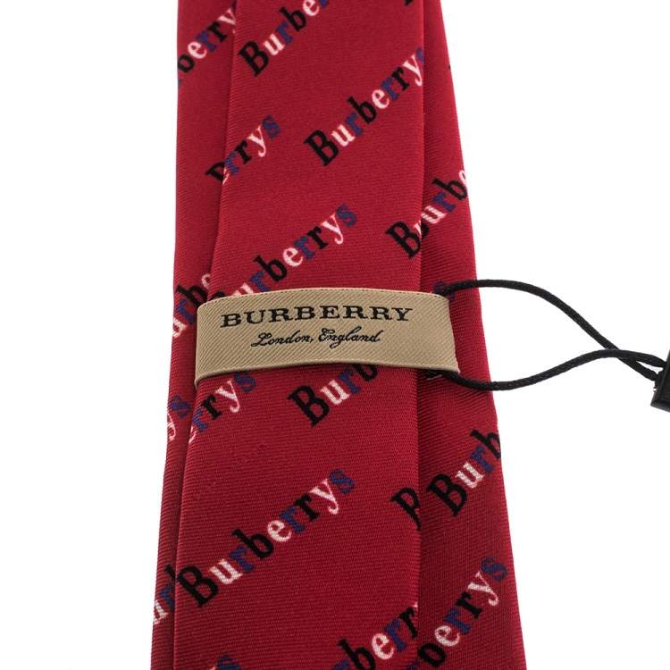 Pre Owned Burberry Parade Red Vintage Logo Print Silk Stanfield Skinny Tie 