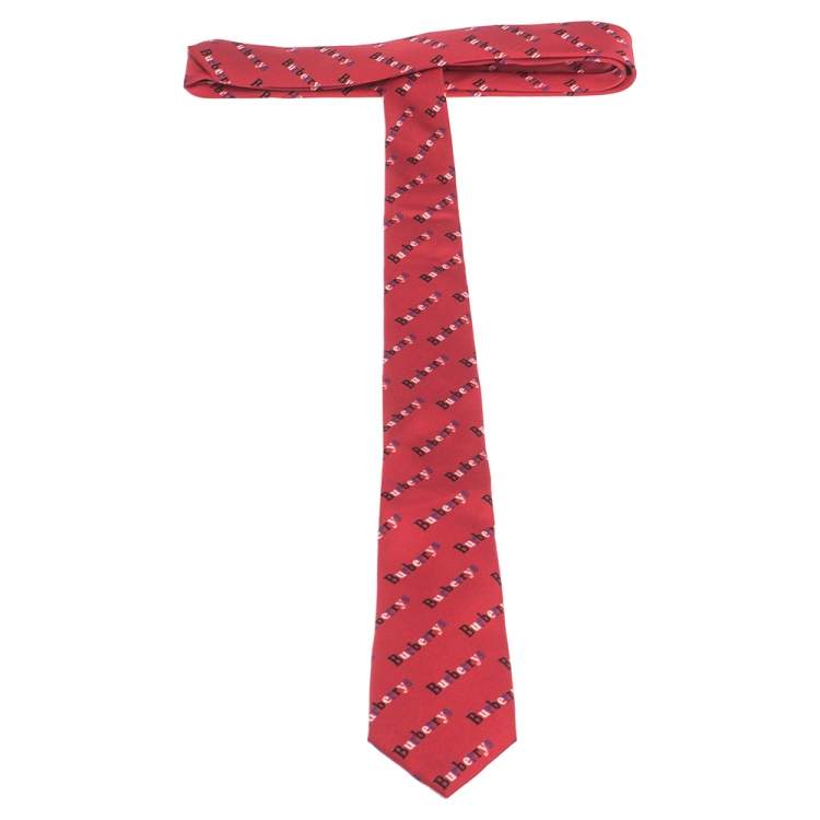 Pre Owned Burberry Parade Red Vintage Logo Print Silk Stanfield Skinny Tie 