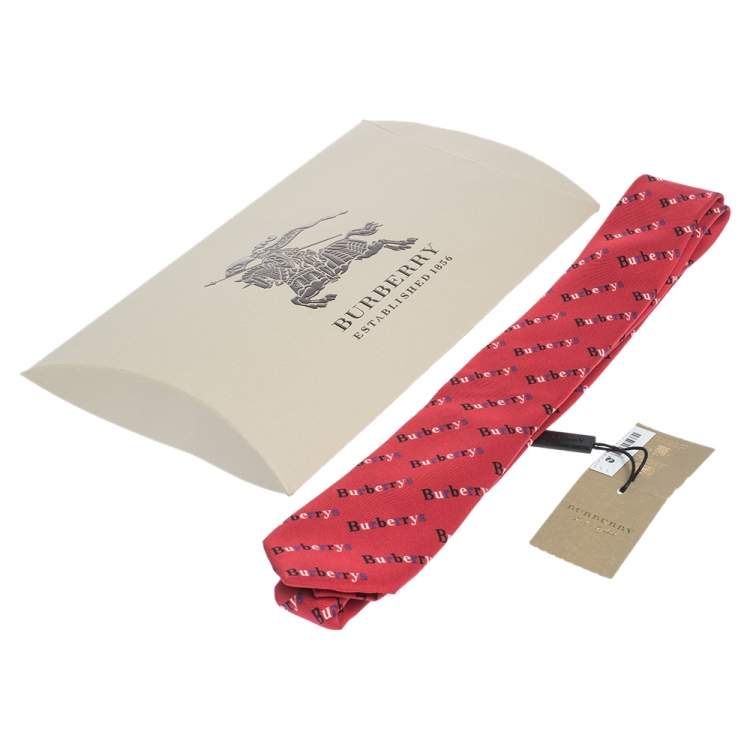 Pre Owned Burberry Parade Red Vintage Logo Print Silk Stanfield Skinny Tie 