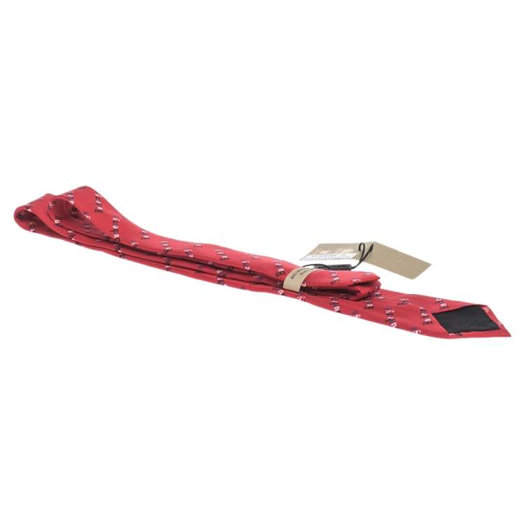 Pre Owned Burberry Parade Red Vintage Logo Print Silk Stanfield Skinny Tie 