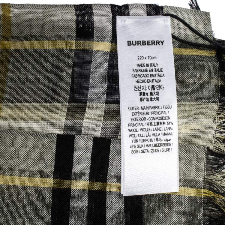 Pre Owned Burberry Sage Green Vintage Check Lightweight Wool & Silk Blend Scarf