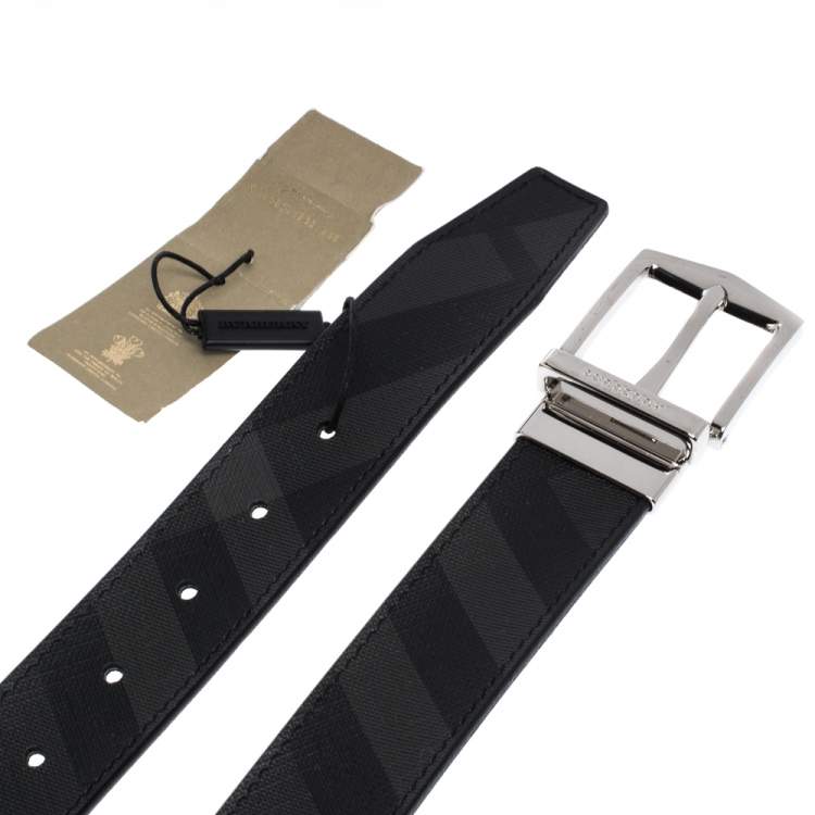 Pre Owned Burberry Black Check Coated Canvas James Reversible Belt 80CM