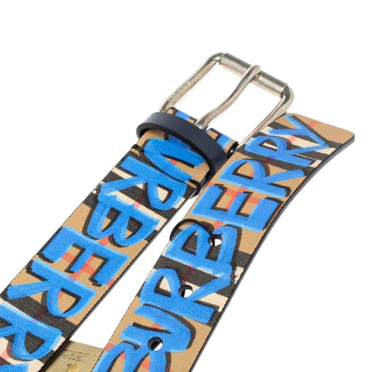 Pre Owned Burberry Multicolor Graffiti Print Check Coated Canvas Belt 105CM