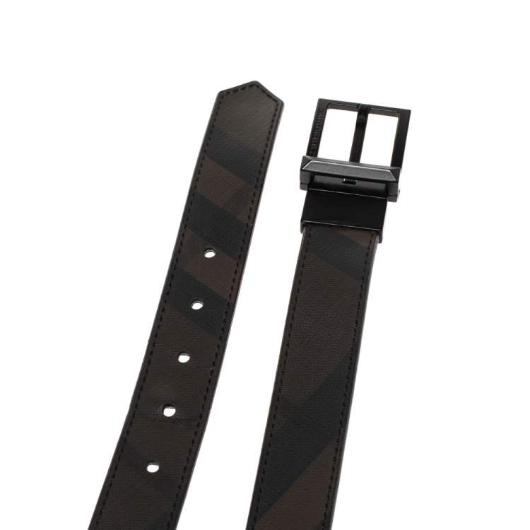 Pre Owned Burberry Black Beat Check Coated Canvas Buckle Belt 90CM