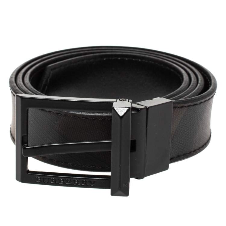 Pre Owned Burberry Black Beat Check Coated Canvas Buckle Belt 90CM