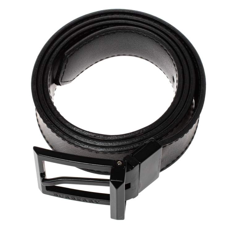 Pre Owned Burberry Black Beat Check Coated Canvas Buckle Belt 90CM