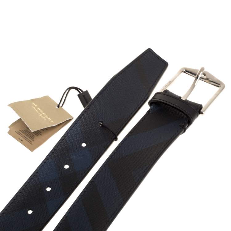 Pre Owned Burberry Navy Blue/Black Check Coated Canvas Joe Buckle Belt 90CM