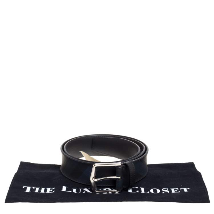 Pre Owned Burberry Navy Blue/Black Check Coated Canvas Joe Buckle Belt 90CM