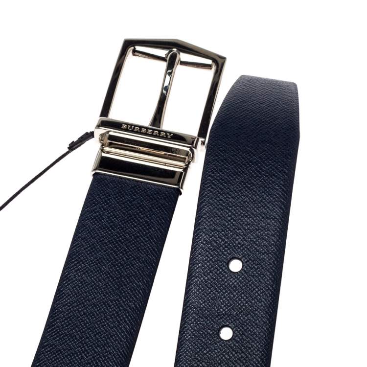 Pre Owned Burberry Navy Blue Leather James Reversible Belt 90CM