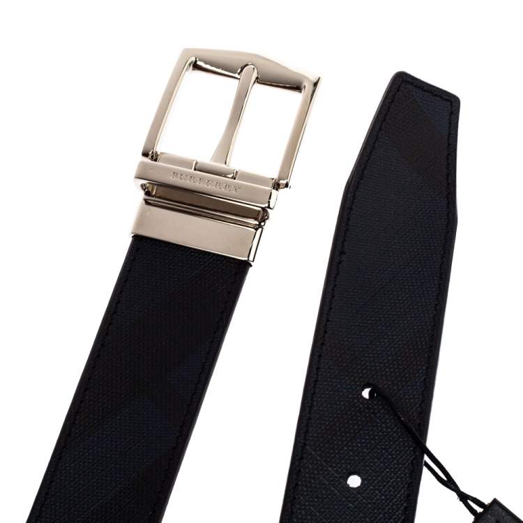 Pre Owned Burberry Grey Smoked Check Coated Canvas and Leather James Reversible Belt 80CM