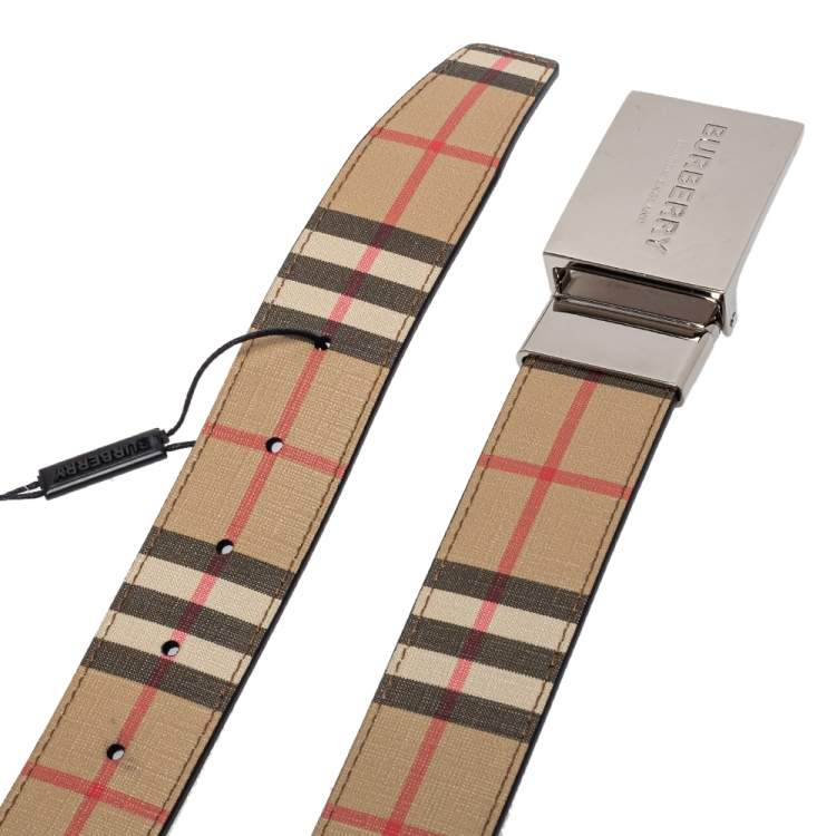 Pre Owned Burberry Beige House Check PVC Logo Plaque Belt 90CM