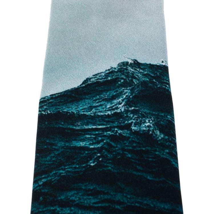 Pre Owned Burberry Deep Teal Sea Printed Manston Narrow Silk Tie