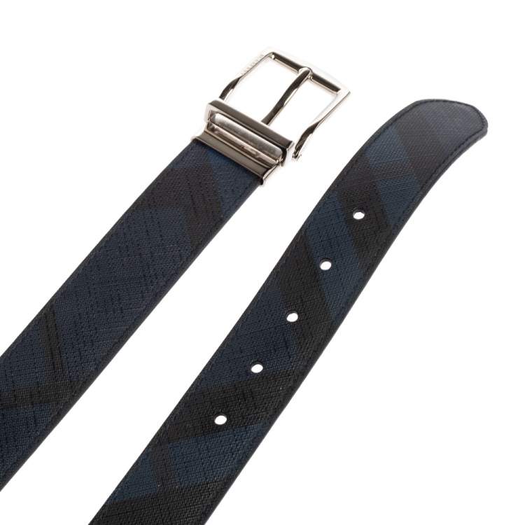 Pre Owned Burberry Black/Blue London Check Coated Canvas Clarke Reversible Belt 80CM