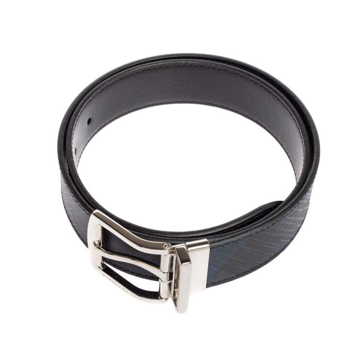 Pre Owned Burberry Black/Blue London Check Coated Canvas Clarke Reversible Belt 80CM
