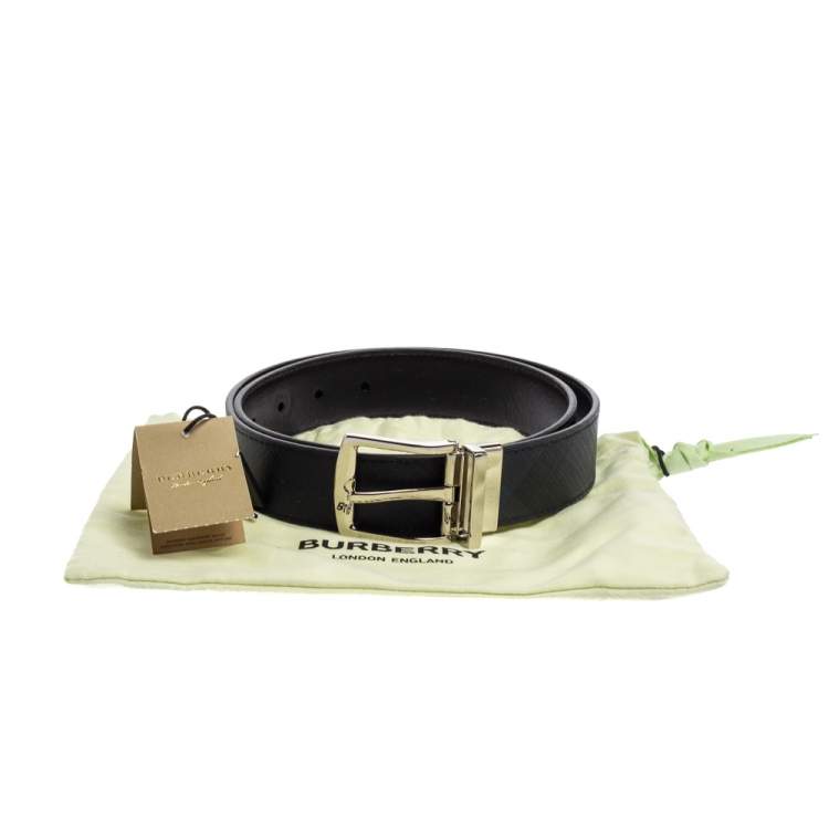 Pre Owned Burberry Black/Blue London Check Coated Canvas Clarke Reversible Belt 80CM