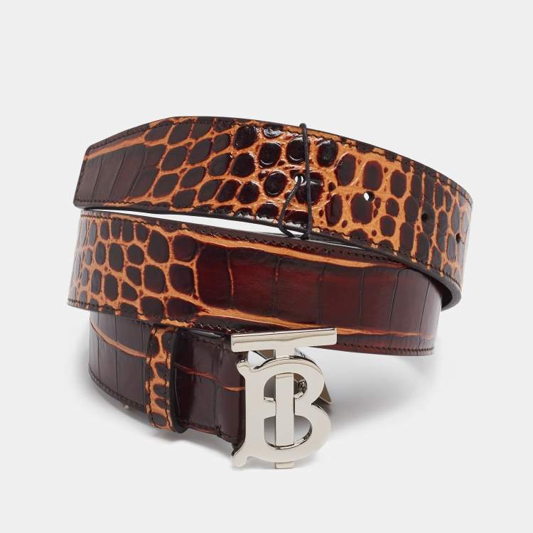 Burberry Brown Croc Embossed Leather TB Plaque Belt 80 CM Burberry | TLC