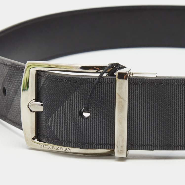 Pre Owned Burberry Charcoal Check Coated Canvas and Leather Reversible Buckle Belt 80CM