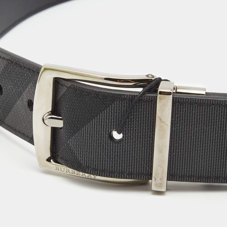 Pre Owned Burberry Charcoal Check Coated Canvas and Leather Reversible Buckle Belt 80CM