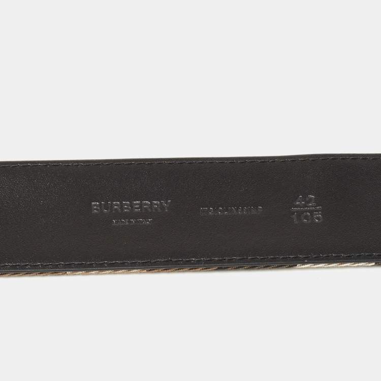 Pre Owned Burberry Black/Beige House Check Fabric and Leather Mark Buckle Belt 105CM