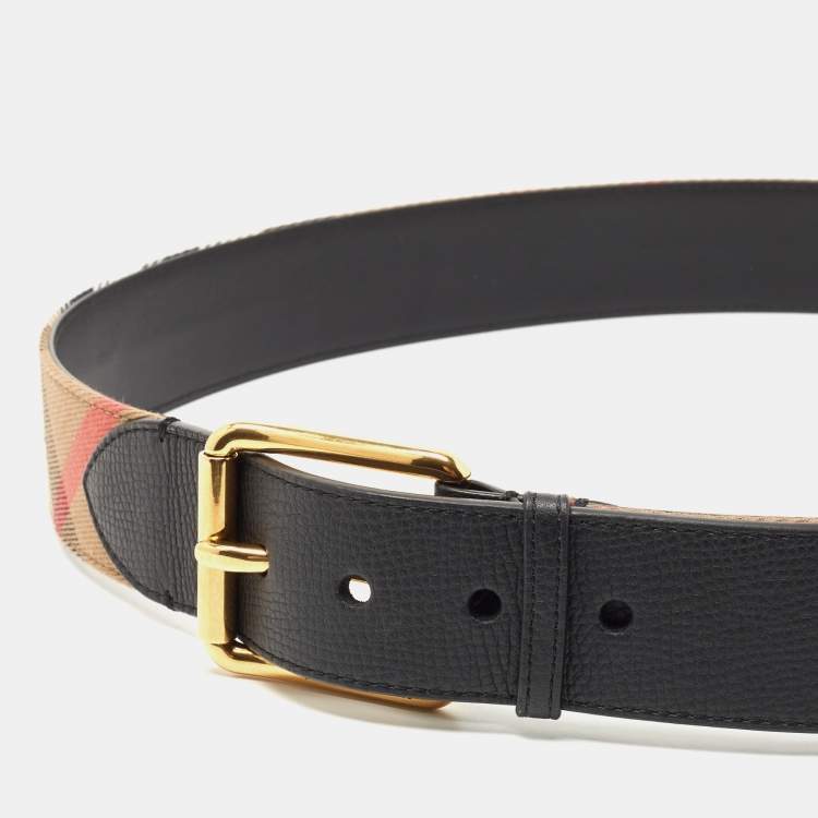 Pre Owned Burberry Black/Beige House Check Fabric and Leather Mark Buckle Belt 105CM