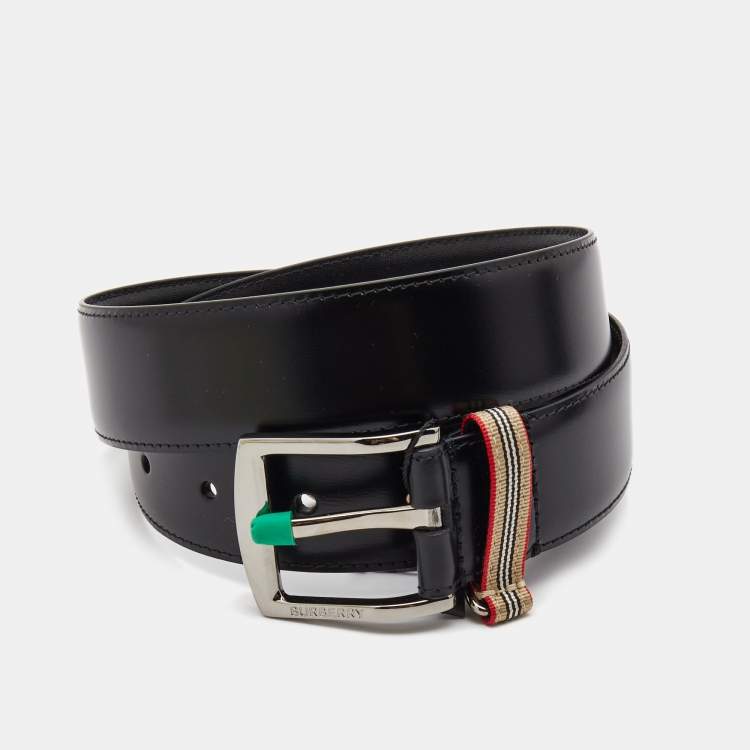 Pre Owned Burberry Black Leather Gray Buckle Belt 85CM
