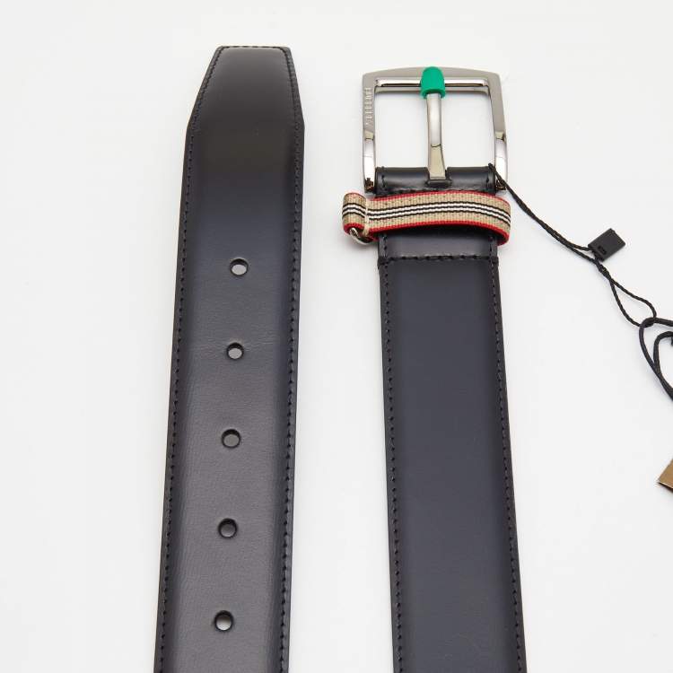 Pre Owned Burberry Black Leather Gray Buckle Belt 85CM