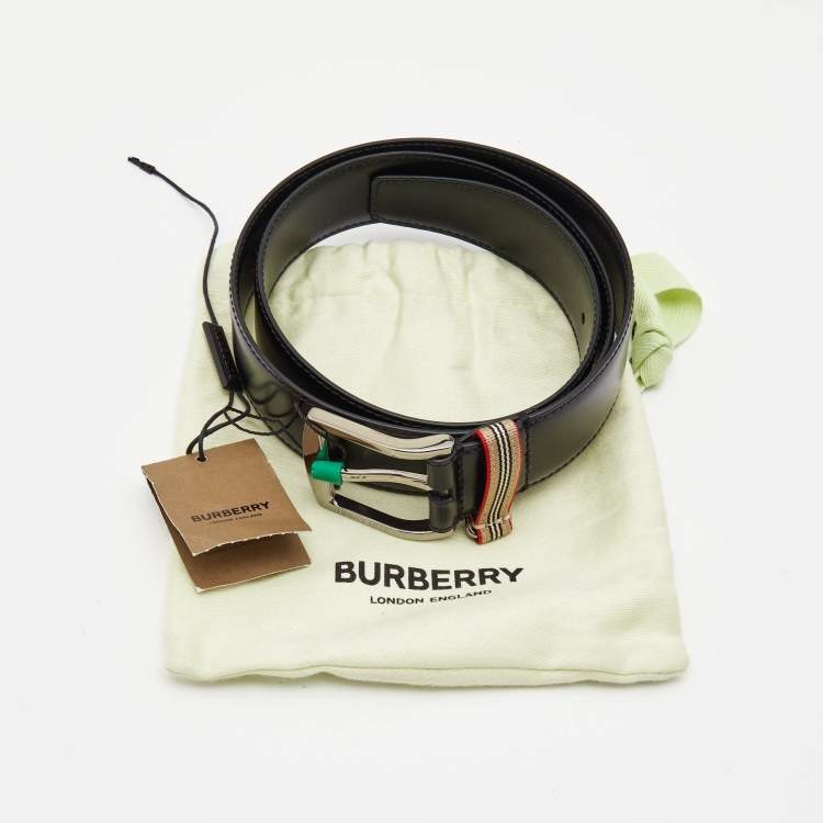 Pre Owned Burberry Black Leather Gray Buckle Belt 85CM