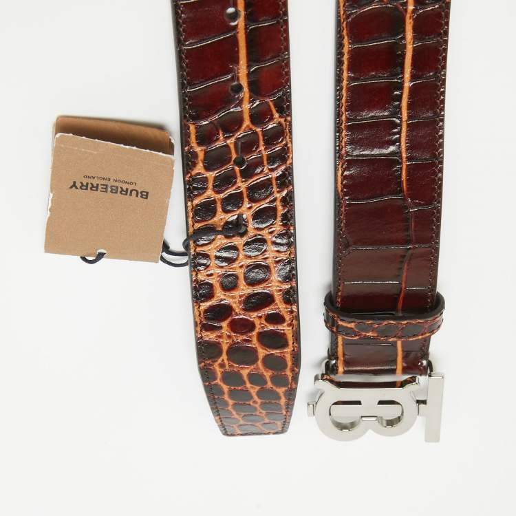 Pre Owned Burberry Dark Brown Croc Embossed Leather TB Buckle Belt 80CM