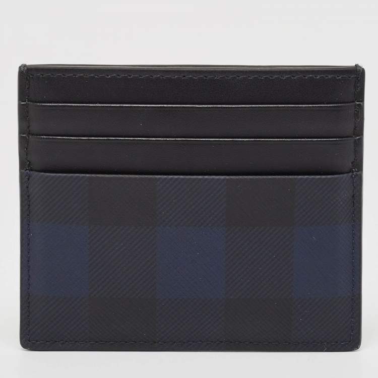 Pre Owned Burberry Black/Blue Check Coated Canvas and Leather Sandon Card Holder